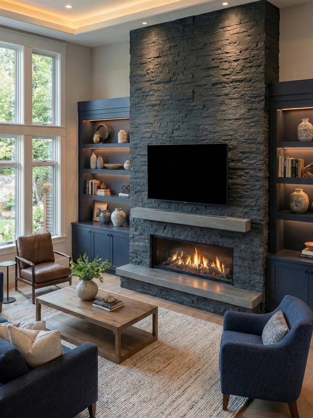 Black stone fireplace with built-ins