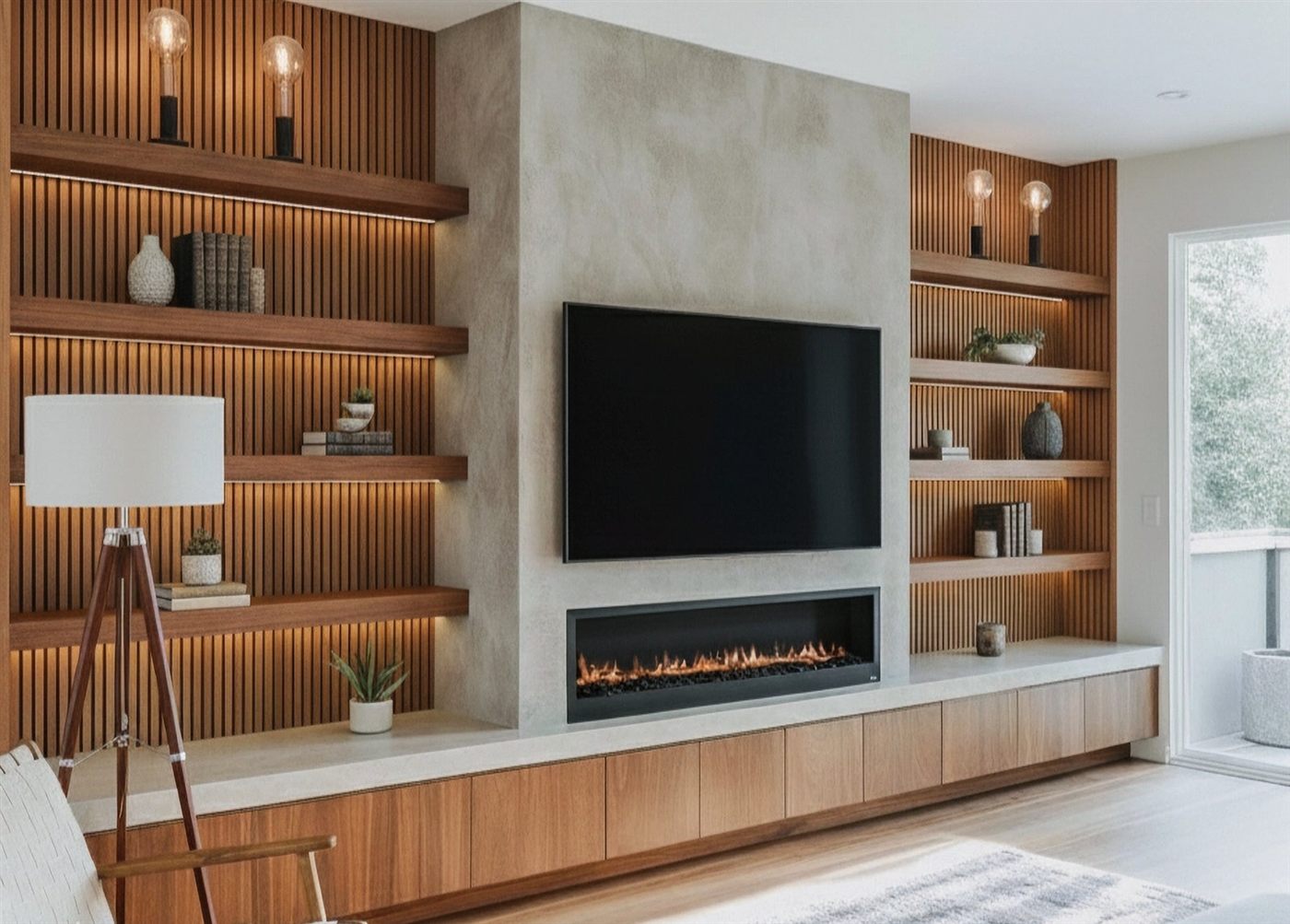 Slat wall with fireplace and shelves