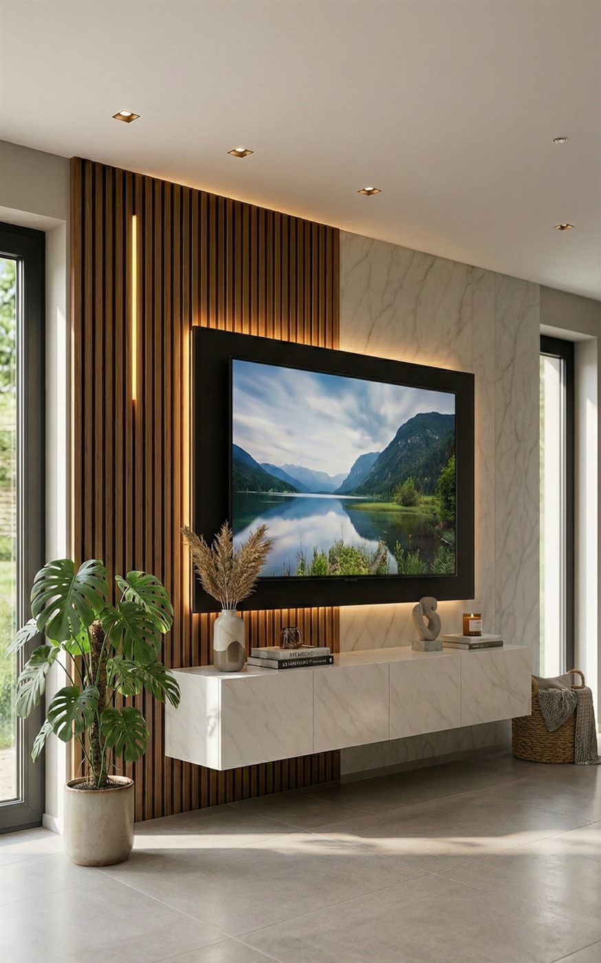 Slat and marble-look TV wall