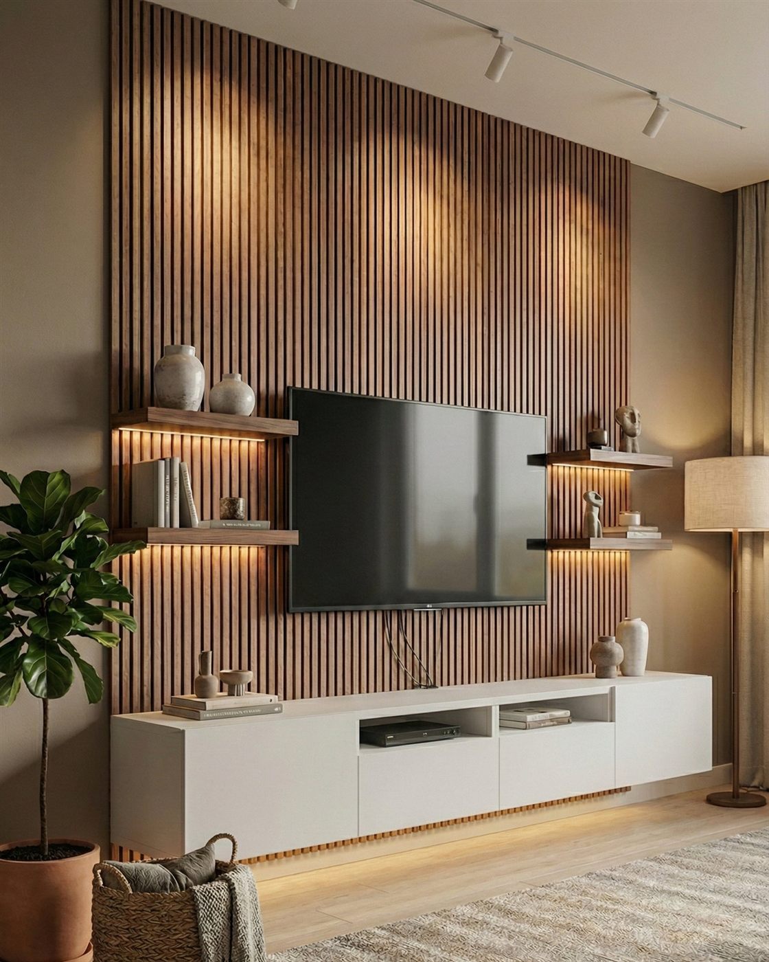 Slat TV wall with floating console
