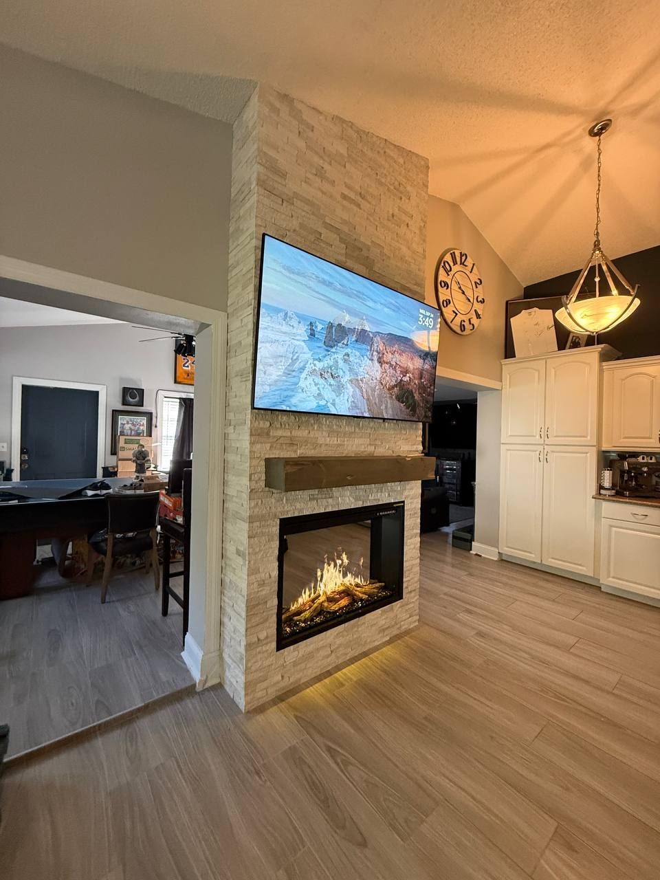 Stacked stone fireplace wall