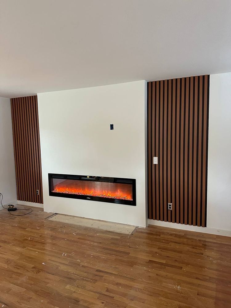 Slat panels beside a fireplace